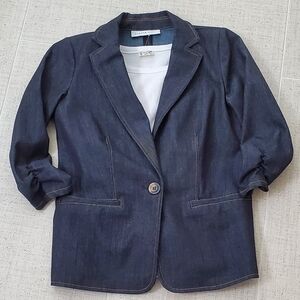 Carole Wren Soft Coastal Lightweight Denim Fitted Blazer 3/4 Ruche Sleeve Med